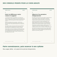 Deux pages du guide Wanimalz sur le passé du chien adulte et les premiers éloignements