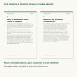 Deux pages du guide Wanimalz sur le passé du chien adulte et les premiers éloignements