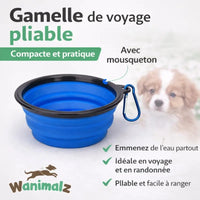 gamelle pliable pour chien bleue Wanimalz compacte et pratique avec mousqueton parfaite pour voyage et balade