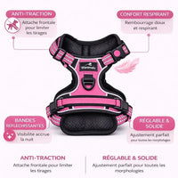 Harnais chien anti-traction rose confortable avec attache frontale et bandes réfléchissantes