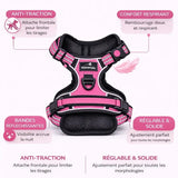 Harnais chien anti-traction rose confortable avec attache frontale et bandes réfléchissantes