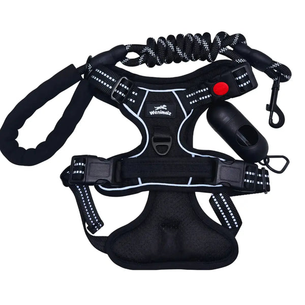 Harnais anti-traction noir pour chien Wanimalz avec laisse corde et distributeur de sacs