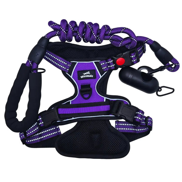 Harnais anti-traction violet pour chien Wanimalz avec laisse corde et distributeur de sacs