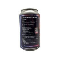 Kit de premiers secours pour chien en boîte aluminium avec instructions et contenu médical.